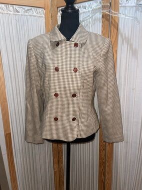 Charter Club Cream Plaid Double-Breasted Pea Coat with Brown Buttons